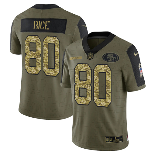 Men's San Francisco 49ers #80 Jerry Rice 2021 Olive Camo Salute To Service Limited Stitched Jersey Men's San Francisco 49ers #80 Jerry Rice 2021 Olive Camo Salute To Service Limited Stitched Jersey